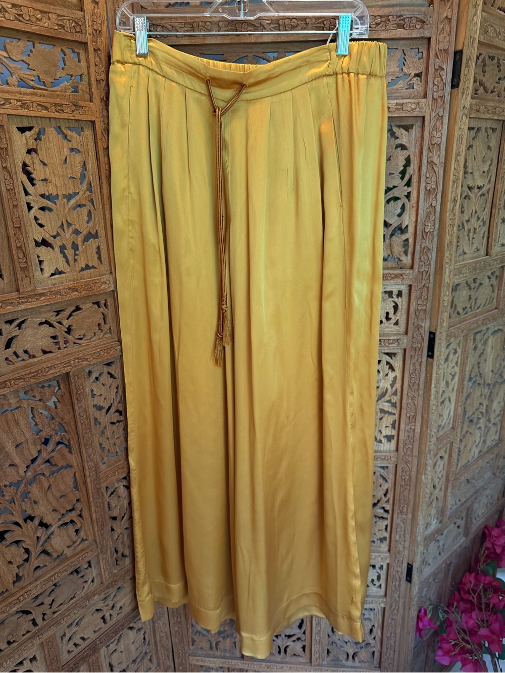 Satin Wide-Leg Pants in Mustard with Drawstring
